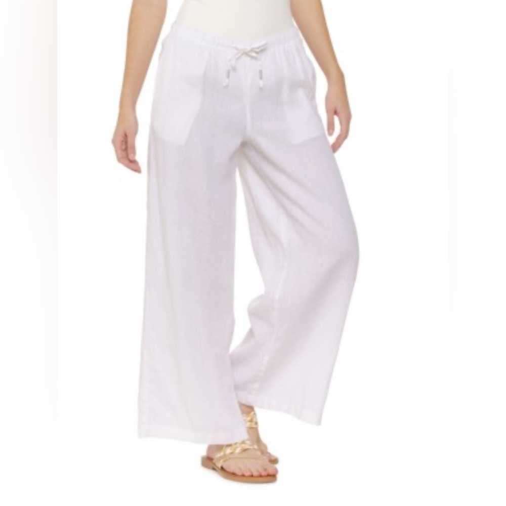 Calypso St. Barth 100% White Linen Pants Wide Leg Pull On Drawstring Large NWT